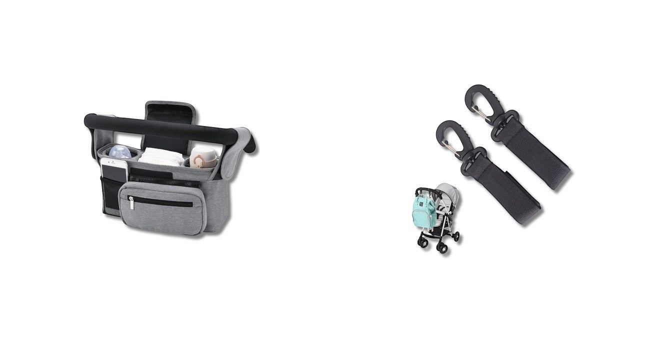 Cradle of Joy grey stroller organizer caddy with multiple pockets and two heavy-duty pram hooks.